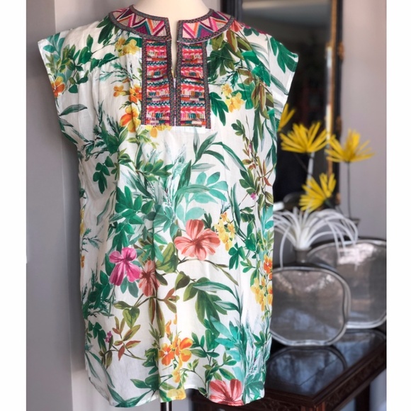 Johnny Was Cap Sleeve Tropical Top XS - Picture 6 of 8